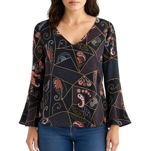 Violet + Claire Womens XL Black Red Paisley Patchwork Print V-Neck Blouse Top
